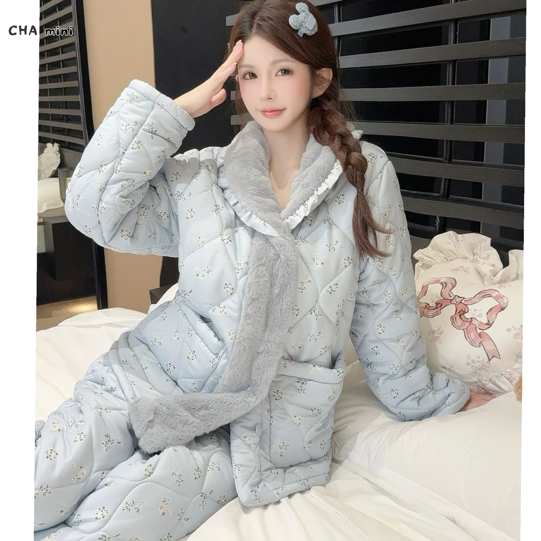 冬季新款小清新加厚三层夹棉睡衣女修身保暖休闲可外穿家居服套装