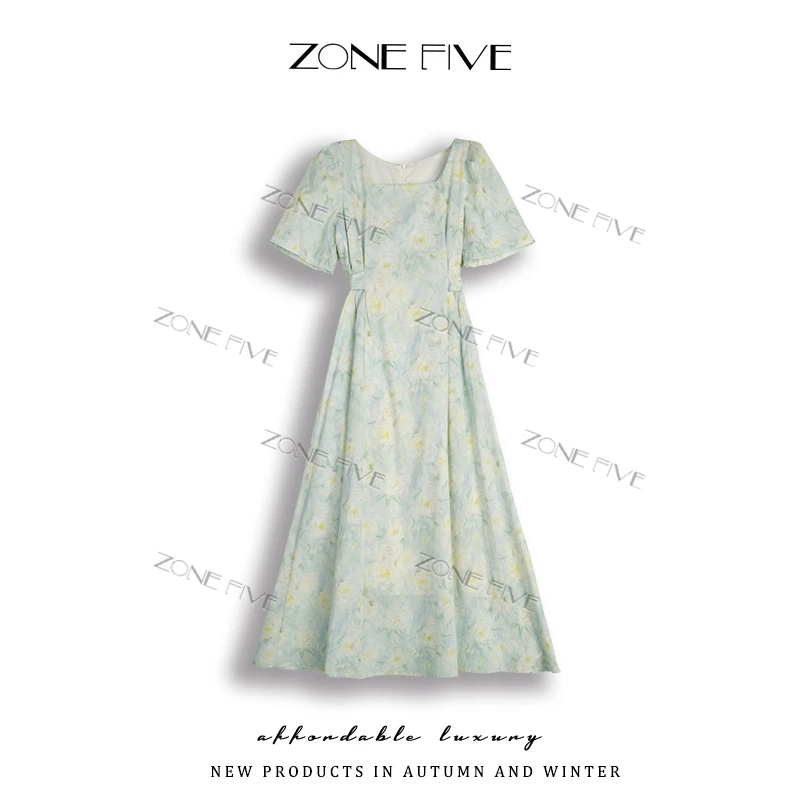 【zonefive】安琪法式印花连衣裙女2025夏季新款收腰显瘦气质裙子08