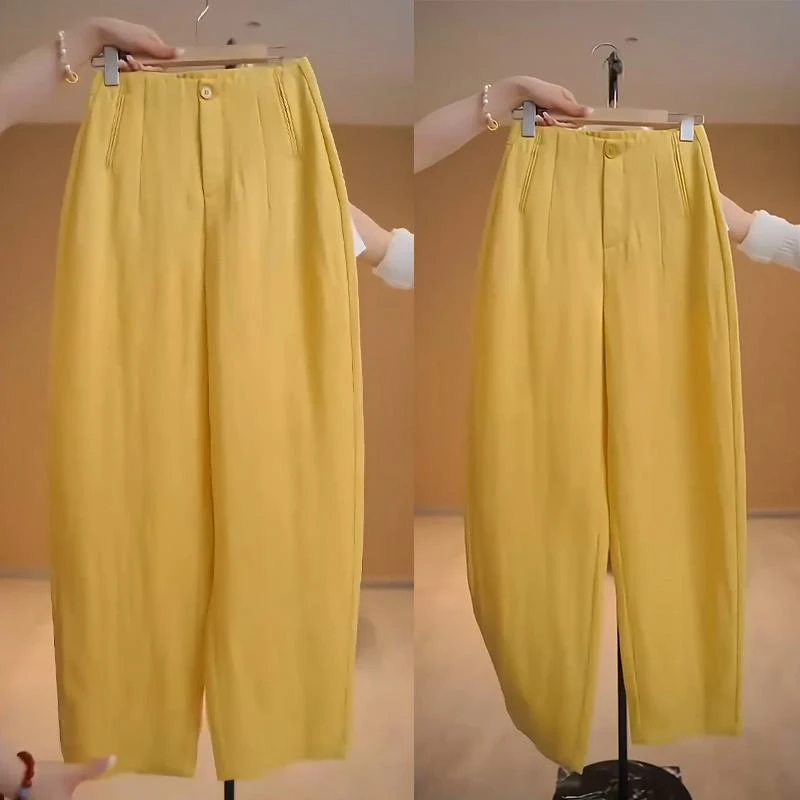 天丝亚麻休闲裤女夏季薄款2025新款黄色大码垂感九分阔腿香蕉裤子