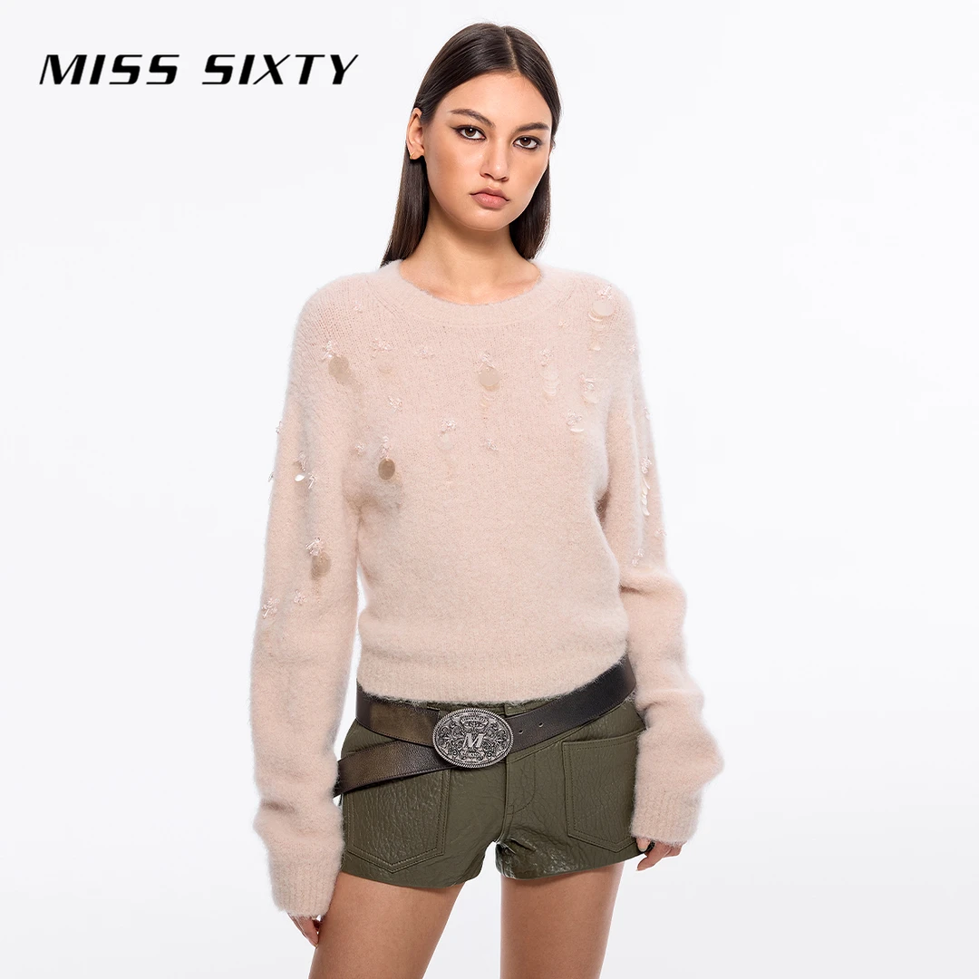 Miss Sixty冬季新款针织衫女圆领重工钉珠设计感毛衣派对高级