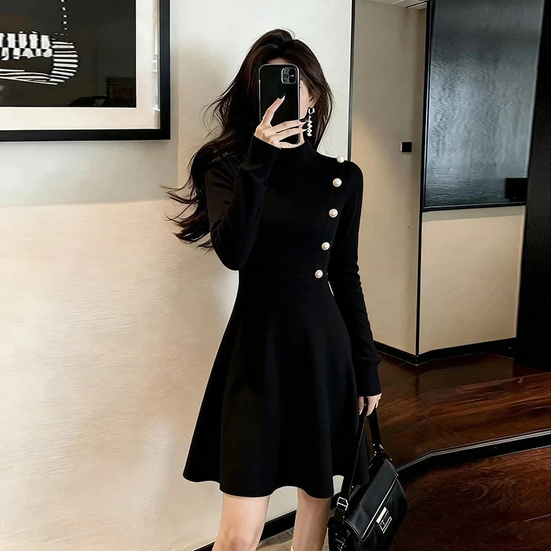 INS CEC高级感赫本风针织小黑裙气质显瘦内搭打底连衣裙a字裙