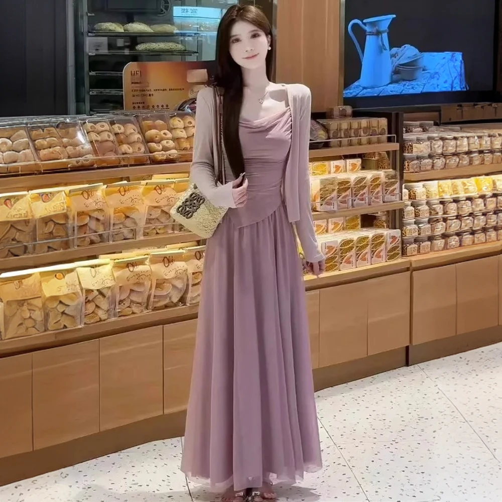 2025春夏季新款温柔风修身网纱吊带上衣半身裙薄款长袖开衫套装女