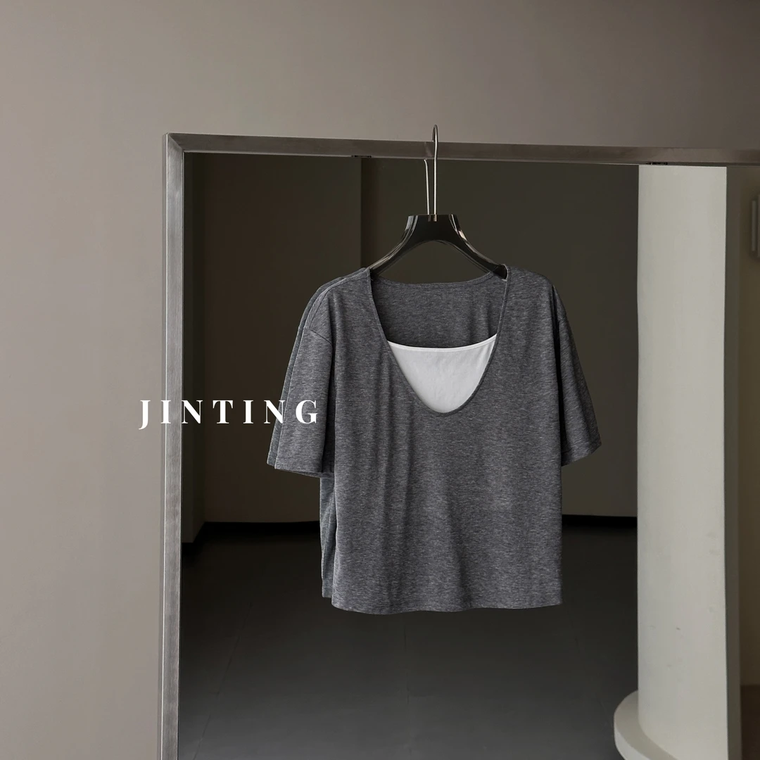 2025夏季韩版时尚V领上衣+吊带背心真两件短袖T恤-L25221314