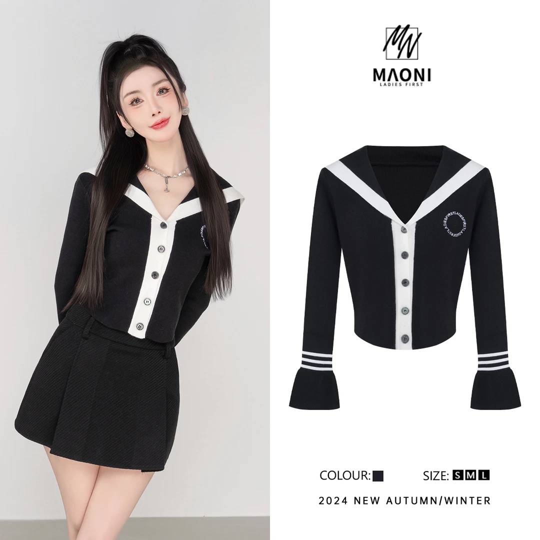 毛妮Peshe【海军领撞色毛衣】喇叭袖条纹减龄少女上衣2025冬L1259