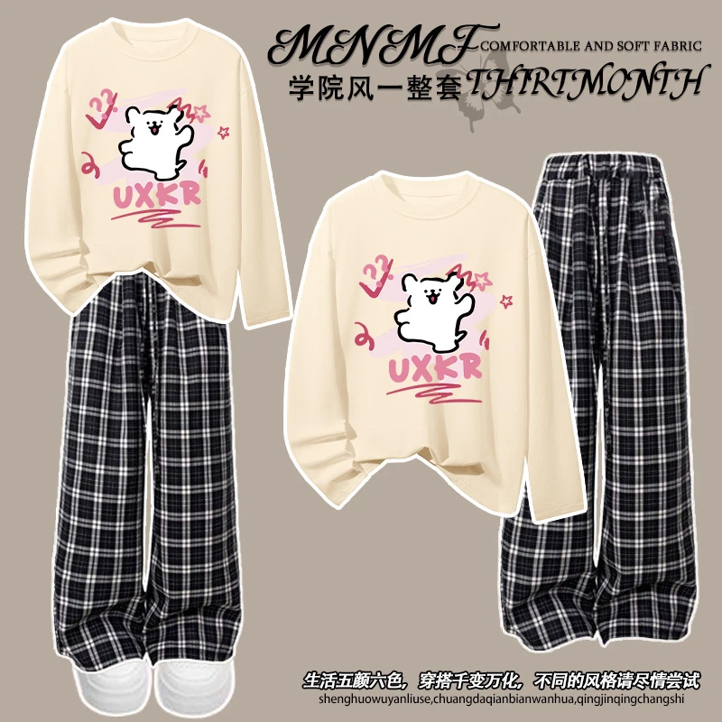 2025早秋新款女童卡通线条小狗长袖t恤套装宽松中大童长裤两件套