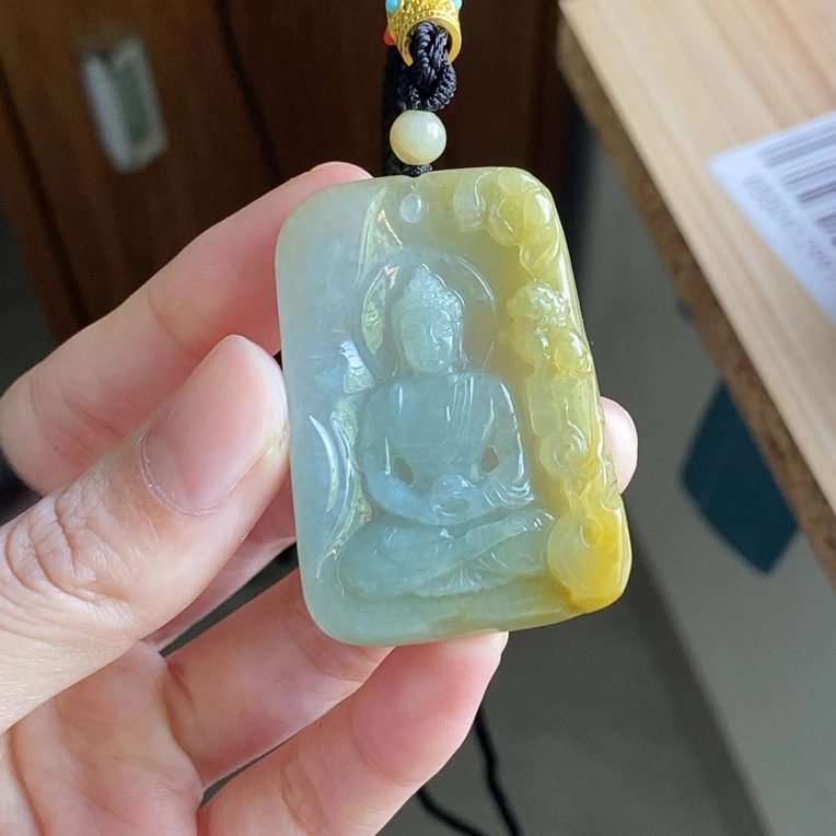 天然缅甸A货翡翠天然冰润老料黄翡大日如来佛祖49*33*6.7