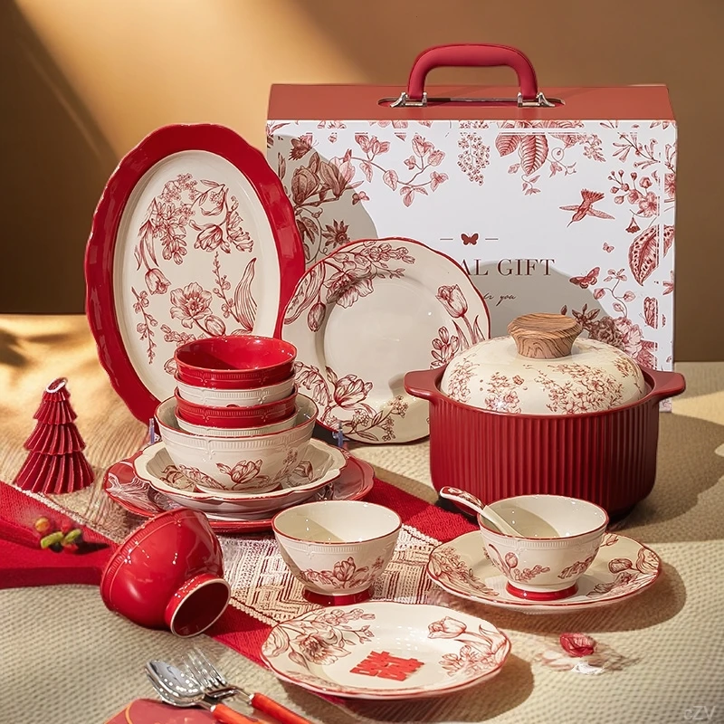 新婚礼物乔迁餐具套装红色喜碗餐具全套送新娘乔迁之喜餐具套装