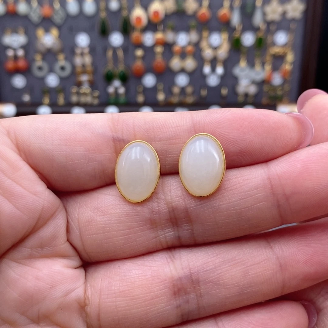 银S925镶嵌和田玉耳饰姐*