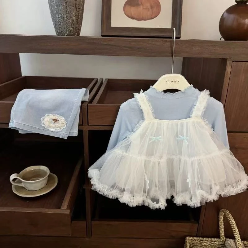韩国童装女童套装2025春季新款儿童洋气甜美吊带纱裙打底衫牛仔裤