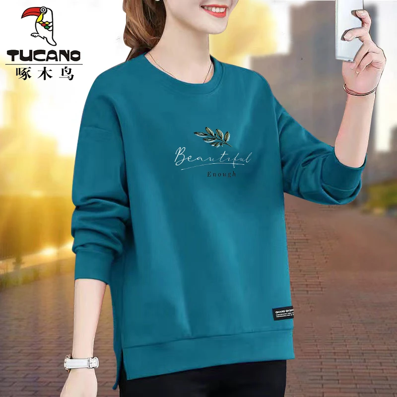 啄木鸟正品秋冬简约气质印花长袖上衣女新款通勤开叉设计韩版卫衣