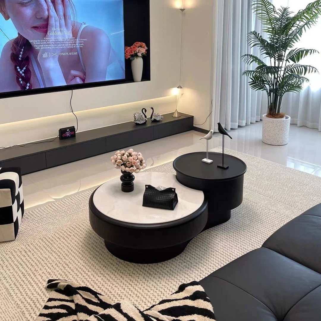 2025新款意式极简茶几轻奢高级感设计师客厅家用圆形微晶石茶