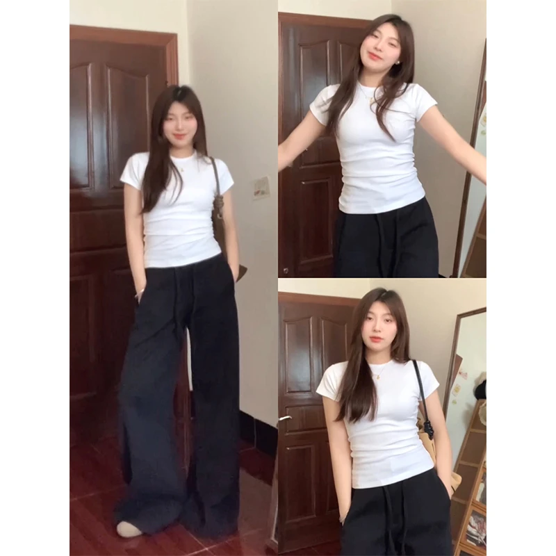 大码胖mm正肩短袖t恤女夏季修身显瘦内搭设计感休闲百搭圆领上衣t