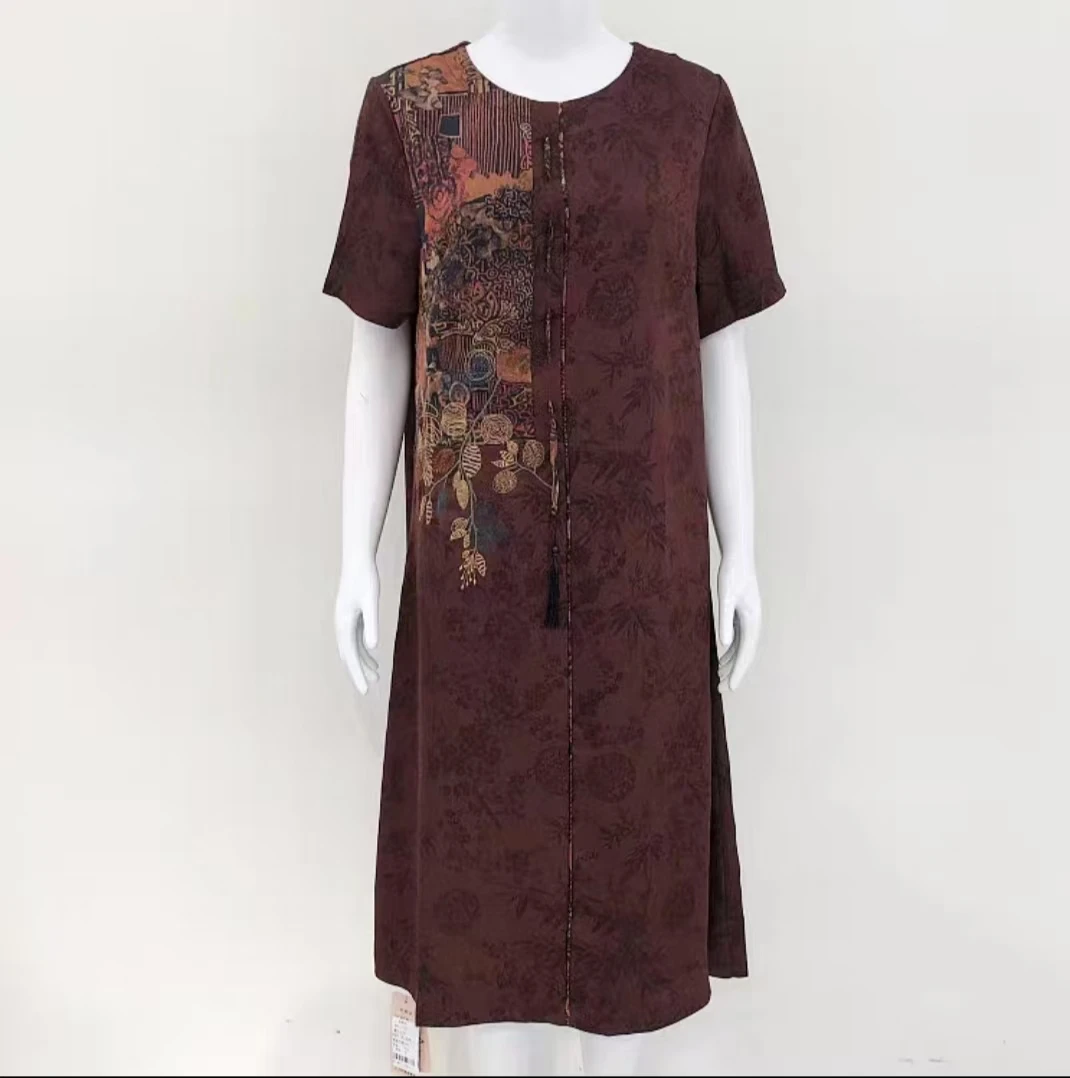 瑞尚中年桑蚕丝短袖连衣裙2025国风妈妈真丝中长裙子时尚衣服夏季