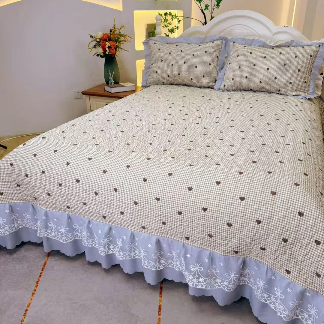 爆款【焦糖爱心】有氧提花泡芙棉蕾丝花边单床盖F