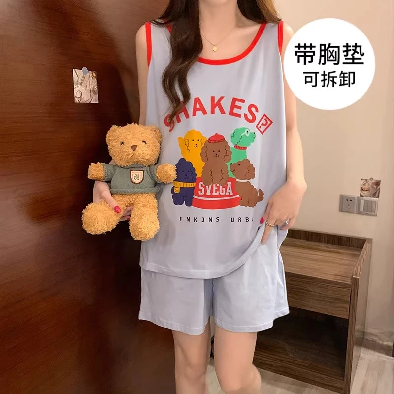 大码纯棉睡衣女带胸垫夏季2025新款无袖背心短裤可外穿家居服套装