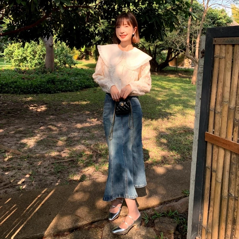 早春新款复古水洗牛仔长款包臀气质半身裙G6055