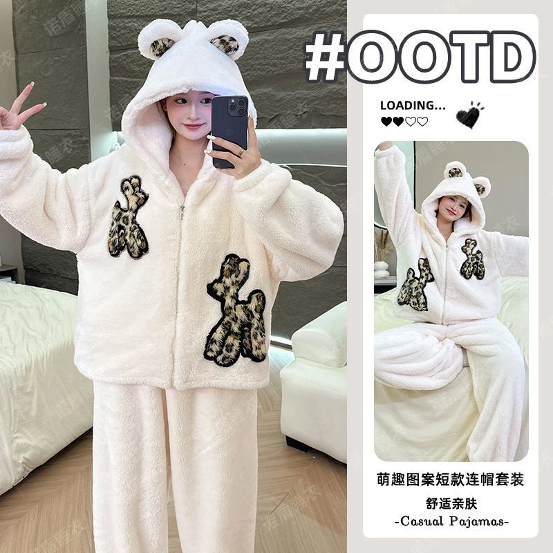 珊瑚绒加绒加厚睡衣女2025新款冬天保暖卡通连帽家居服套装秋冬天