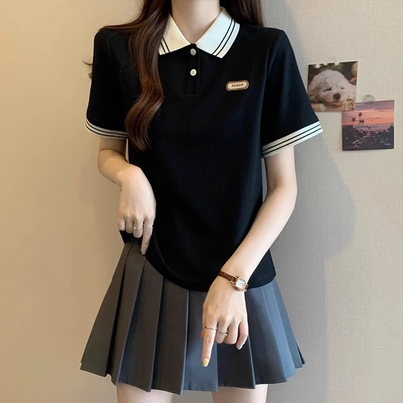 大码女装遮肚子正肩POLO领打底衫女夏季胖妹妹短袖学院风百搭上衣