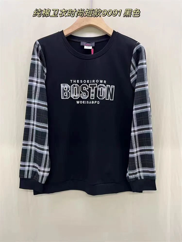 2432款格子圆领字母卫衣时尚宽松设计感复古休闲套头