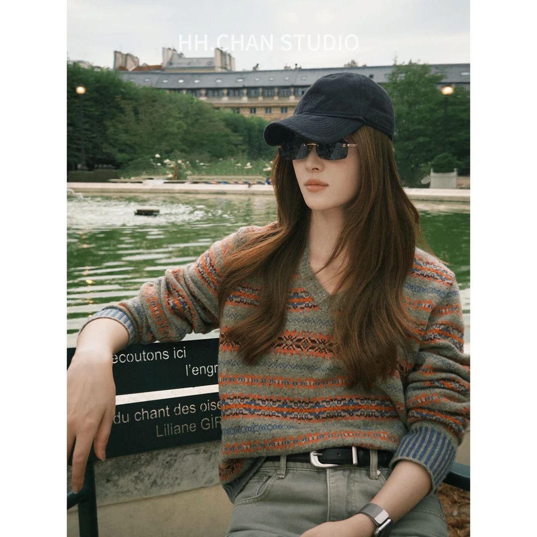 HH.CHAN"柏林"定制羊毛RL季节限定费尔岛V领显瘦毛衣HH55G36229