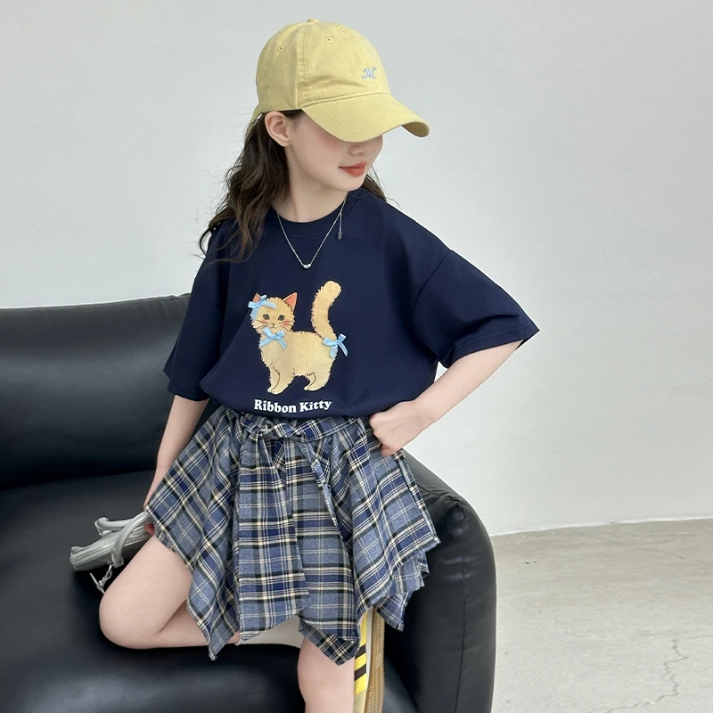 女童套装2025新款儿童韩版卡通短袖上衣女宝宝格子休闲裤两件套潮