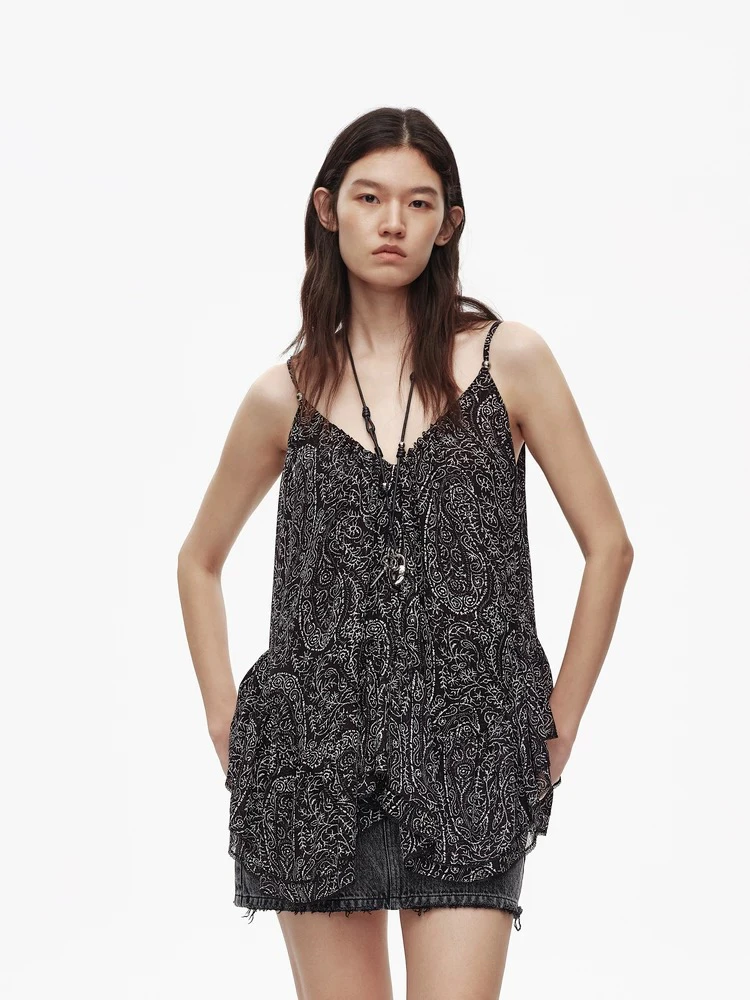 AVVENN2025夏季新品轻薄雪纺卡其黑不规则下摆吊带上衣AL30801610