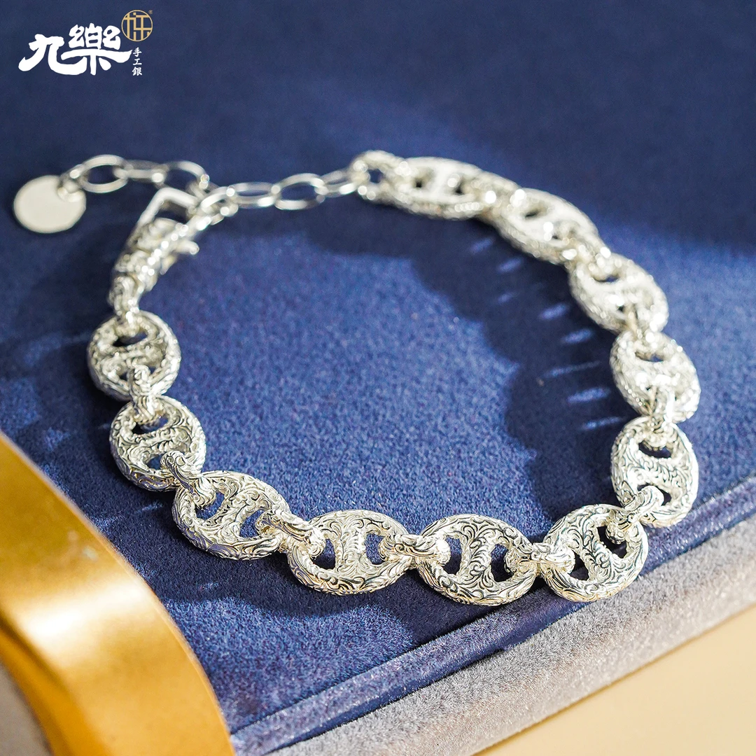 九乐 925银手链 皎月衔猪·络影花纹 中式百搭时尚个性素款手链