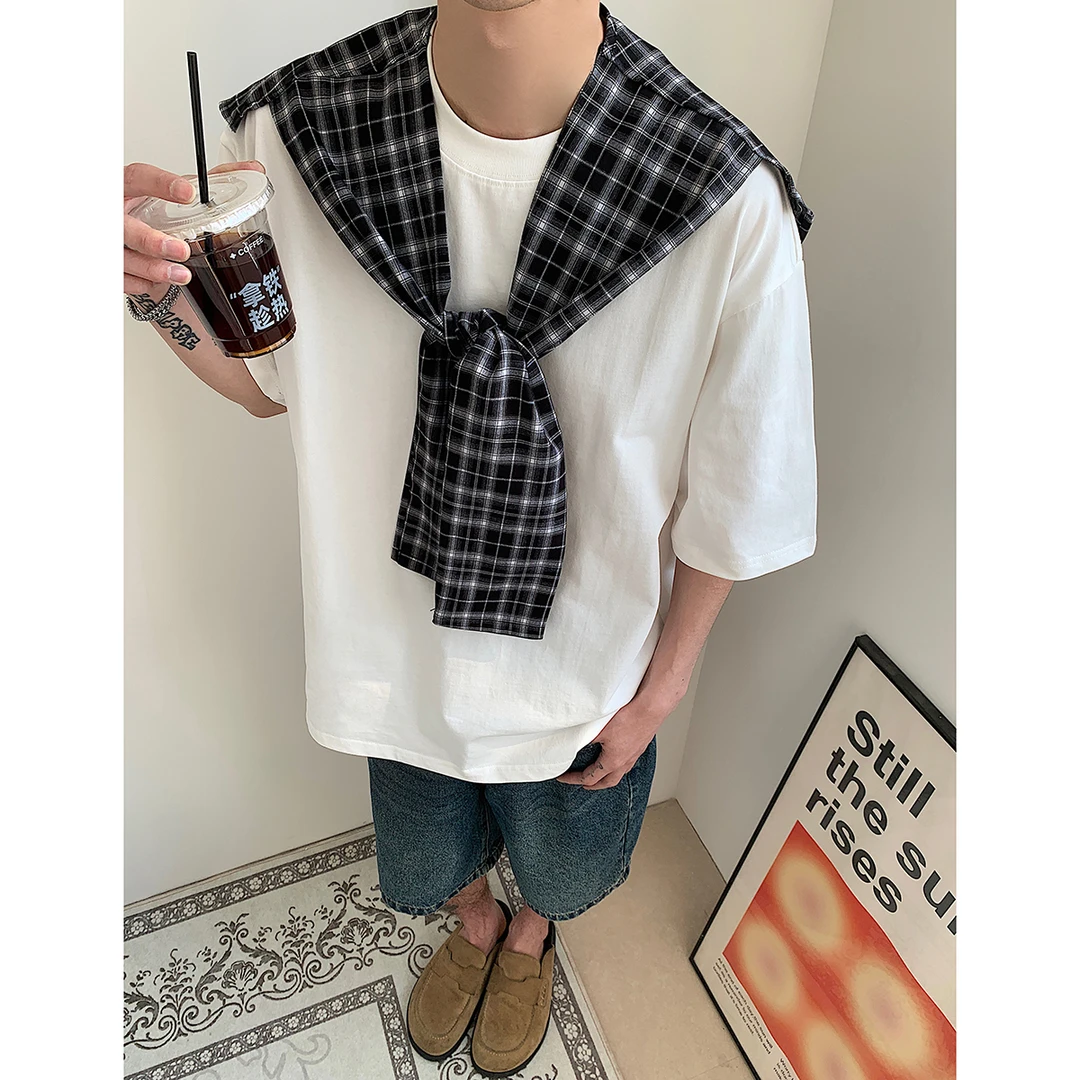 白色假两件披肩t恤男款夏季宽松休闲cleanfit短袖美式学院风上衣