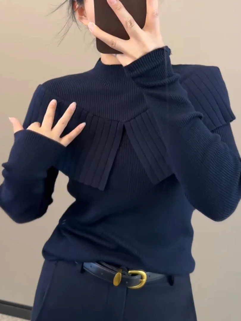 【现货】2025秋冬新款半高领荷叶边毛针织衫女修身显瘦打底衫毛衣