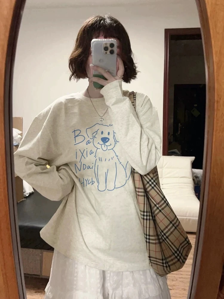 100%纯棉美式正肩港味chic长袖t恤女新款宽松可爱小众内搭打底衫