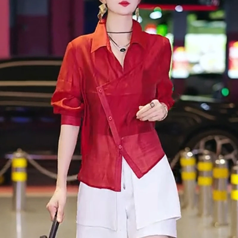 法式复古红色高级感薄款长袖衬衫女2025新款早春宽松显瘦休闲上衣