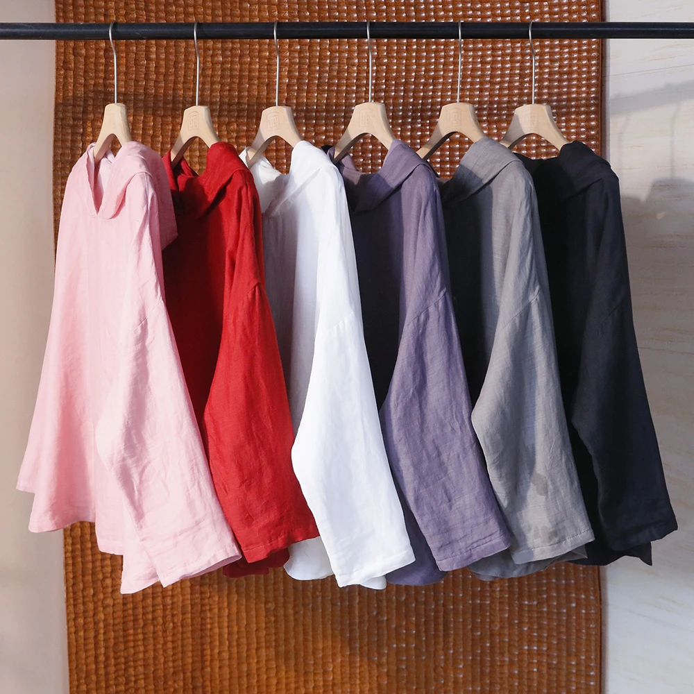 春季新款纯色落肩袖连帽苎麻小衫 宽松百搭双层长袖上衣 82501