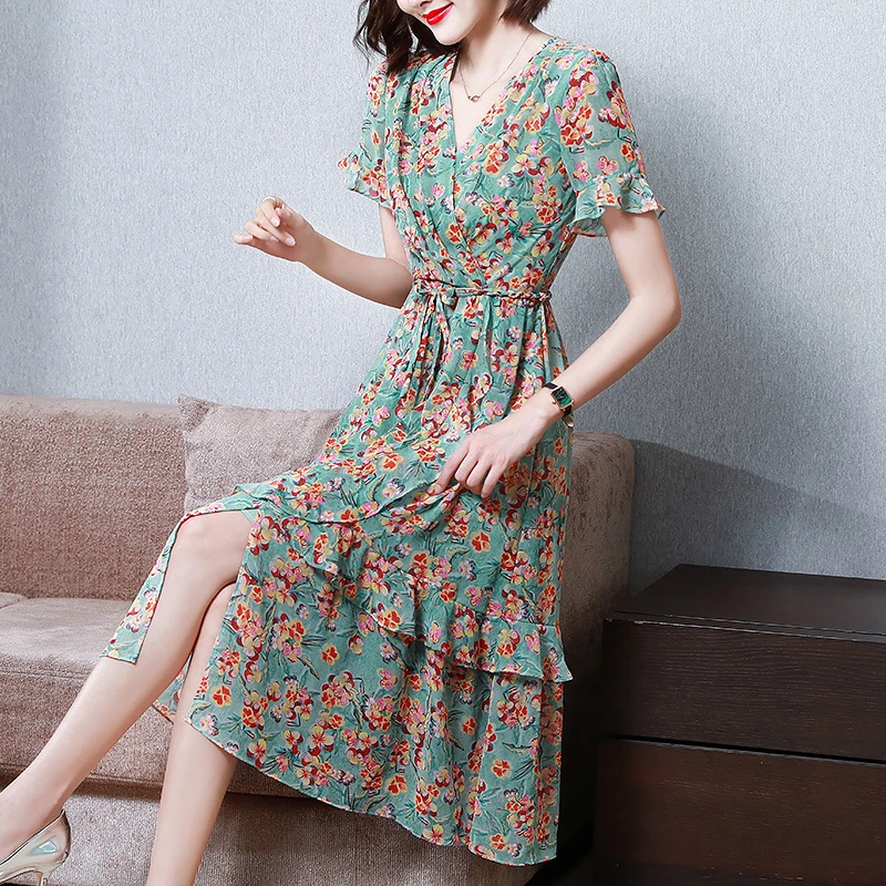 【品牌特价】70112连衣裙女碎花V领中长款不规则雪纺裙潮宽松