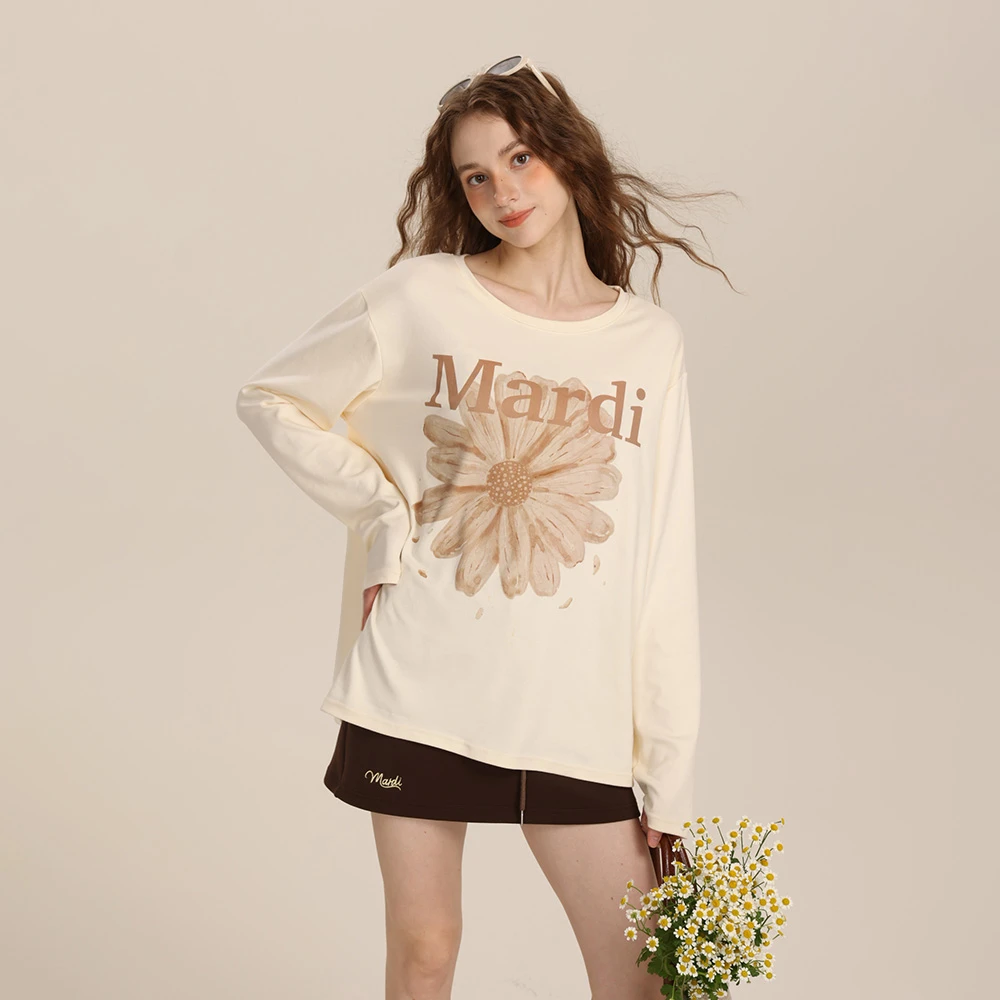 Mardi 2025秋季新款慵懒风女生水彩雏菊T恤秋季女士宽松打底衫