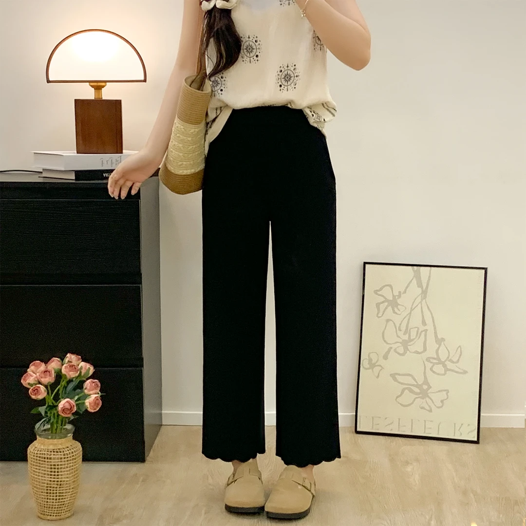秋季新款大码黑色花边休闲裤女胖mm高腰宽松显瘦小个子直筒阔腿裤
