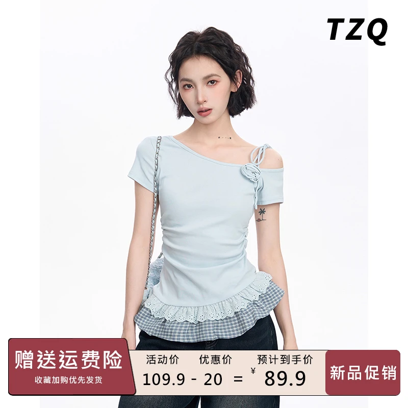 蓝色露肩斜肩蕾丝花边短袖t恤女秋季款修身芭蕾风上衣TZQ2561917