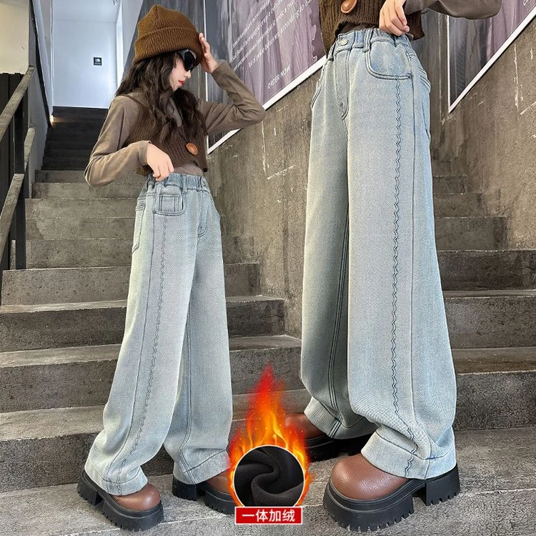 女童冬季加绒牛仔裤2024新款儿童加厚高腰直筒女童加绒加厚牛仔裤