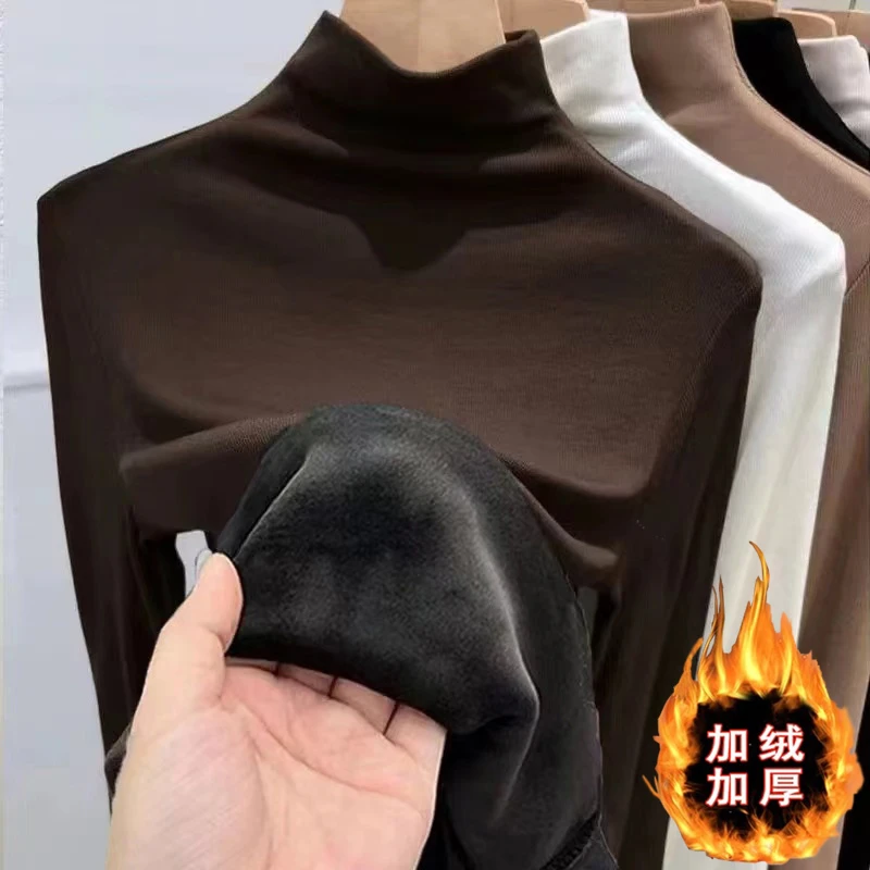 半高领加绒打底衫女秋冬美拉德大码胖mm修身内搭加厚保暖中领上衣