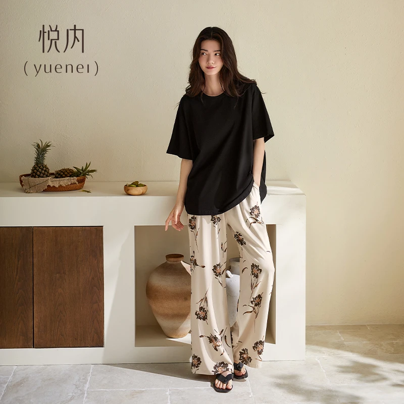 悦内睡衣女款夏季夏天莫代尔短袖长裤阔腿裤家居服休闲大码可外穿