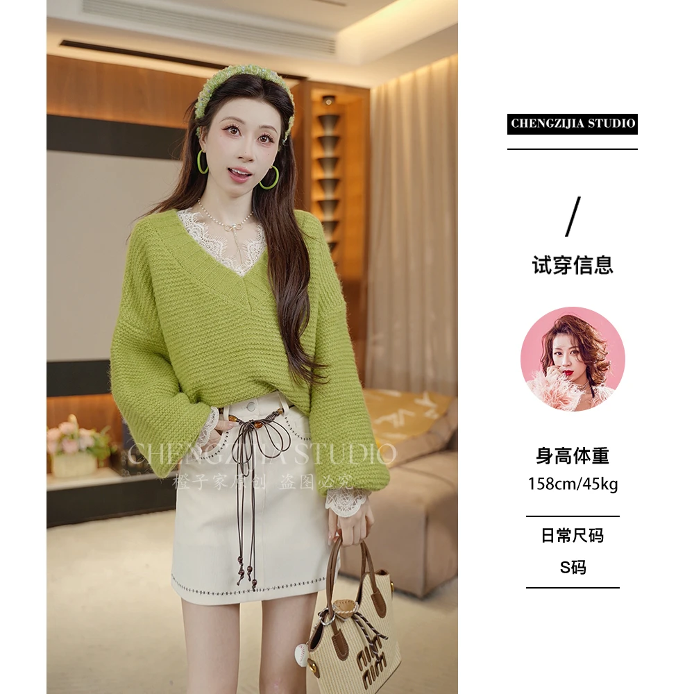 【裴诗婷】橙子studio【秋日入境】MY00117慵懒风V领喇叭袖毛衣