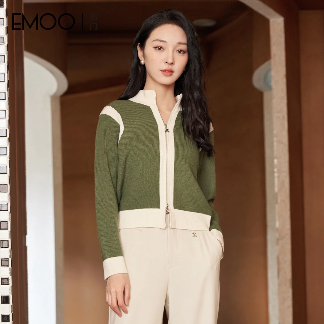 EMOO/杨门拼色立领开衫款休闲风长袖毛针织衫常规厚款E34A041410