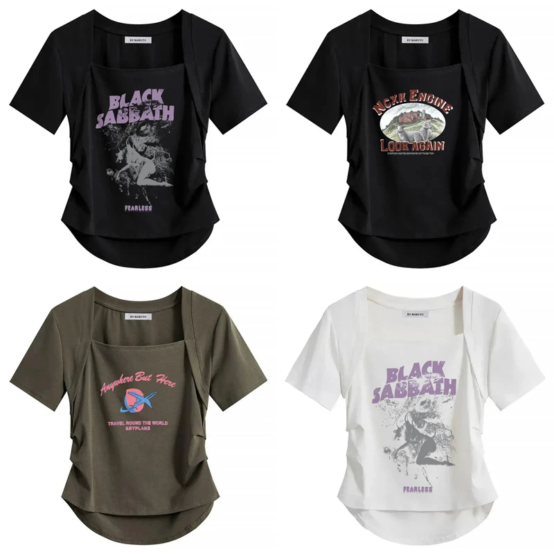 大码美式辣妹方领短袖t恤女夏季设计感小众修身显瘦遮肉褶皱上衣