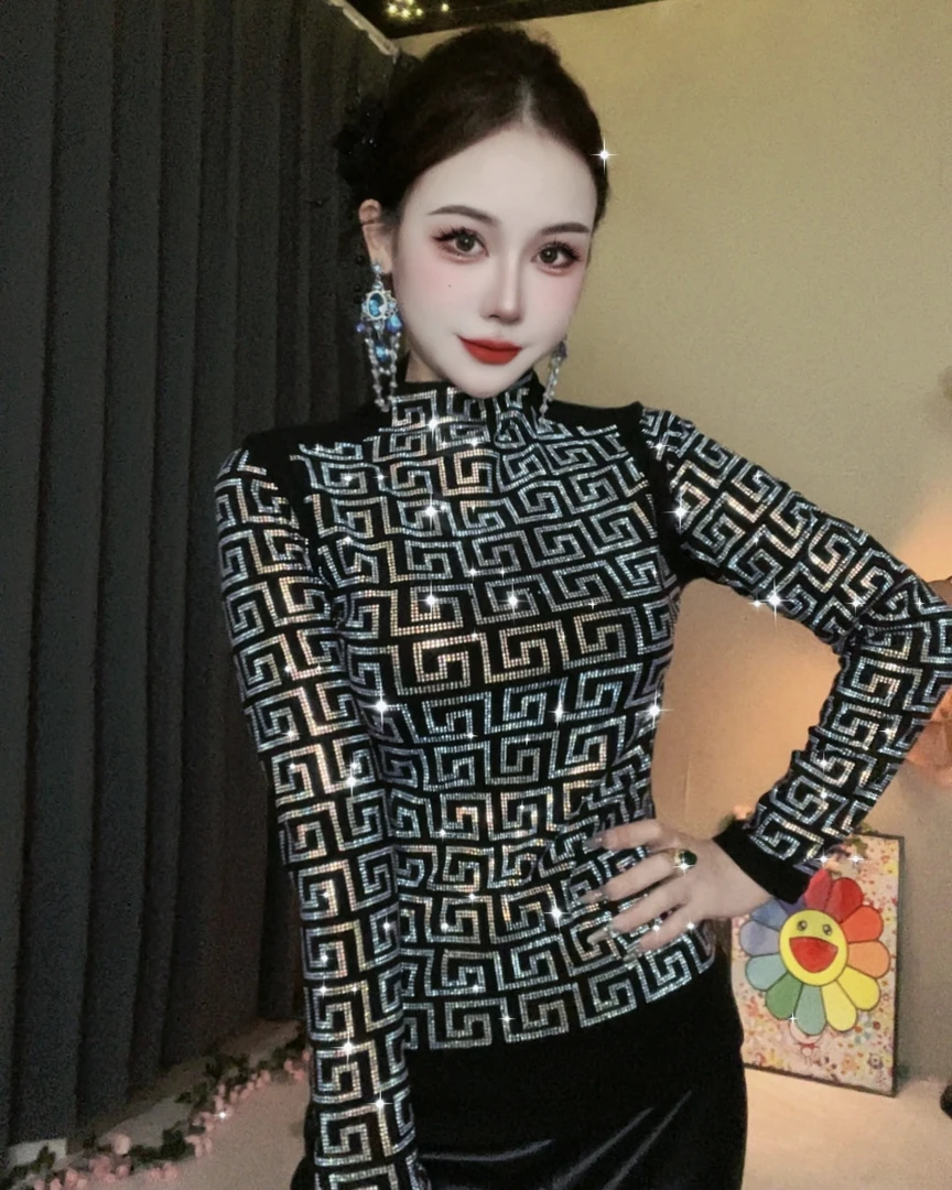 【45新花】半高领打底衫女内搭秋冬新款时尚烫钻上衣修身显瘦94841