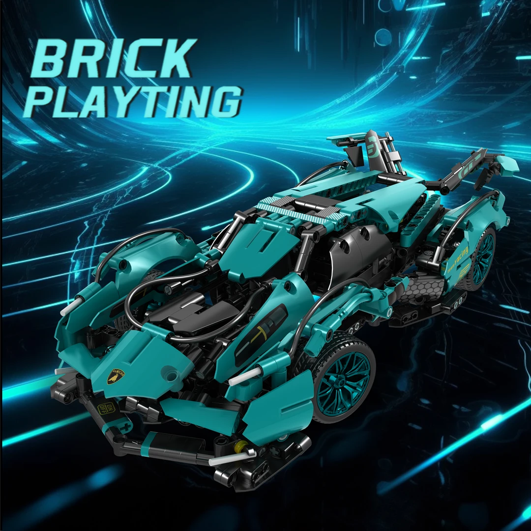 【积木车】兰博基尼异变V12蒂芙尼蓝益智机械联动拼装积木车