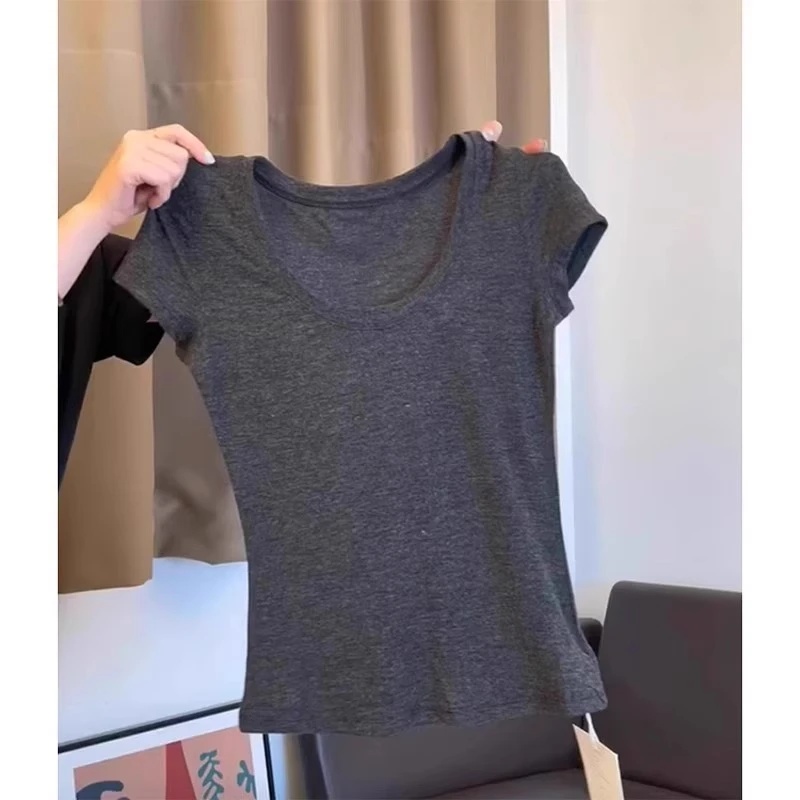 芯娇晴弹力紧身深灰色正肩短袖t恤女2025春夏新款内搭打底衫上衣