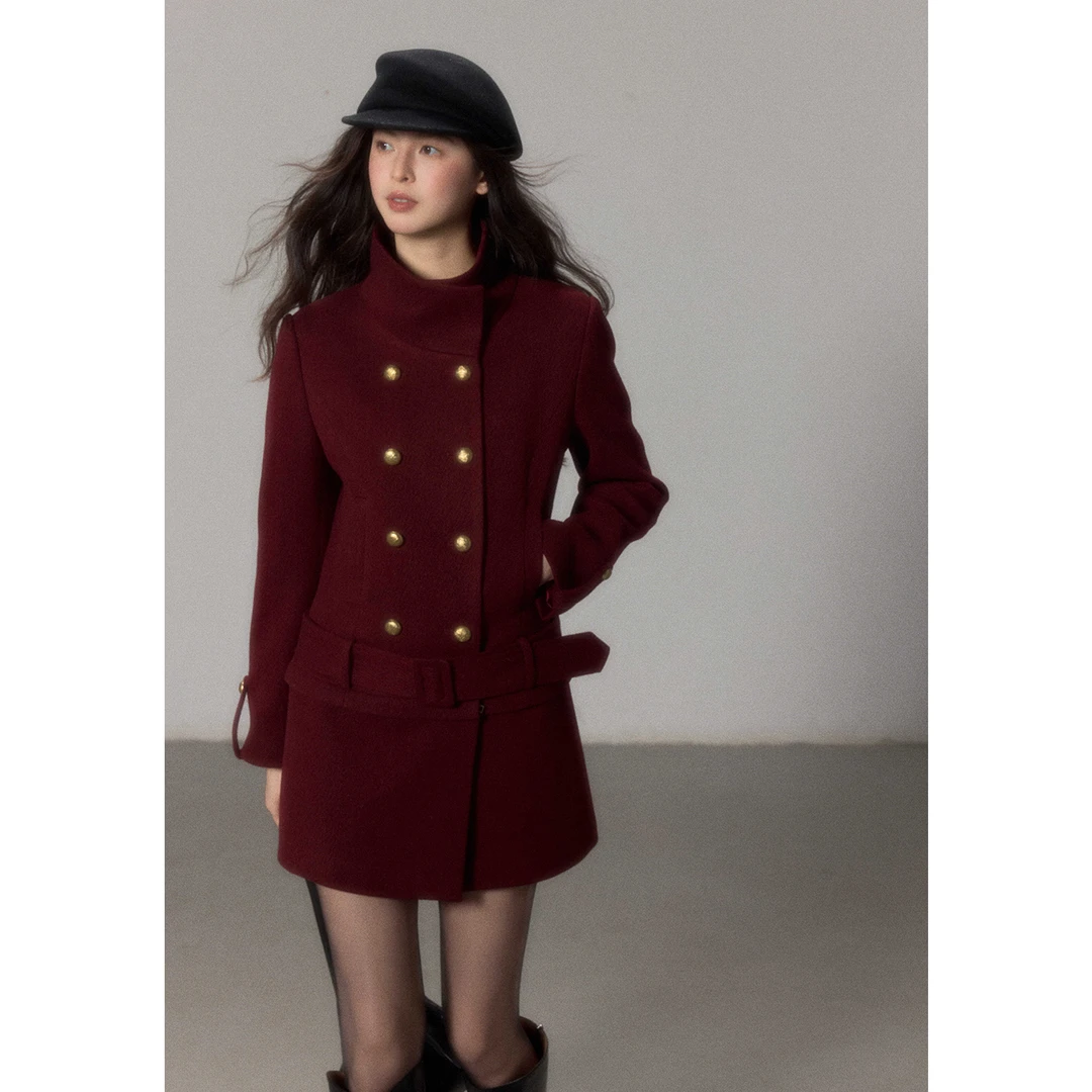 贰羊设计【佳念】两穿可拆裙片复古高级感酒红色毛呢外套式连衣裙