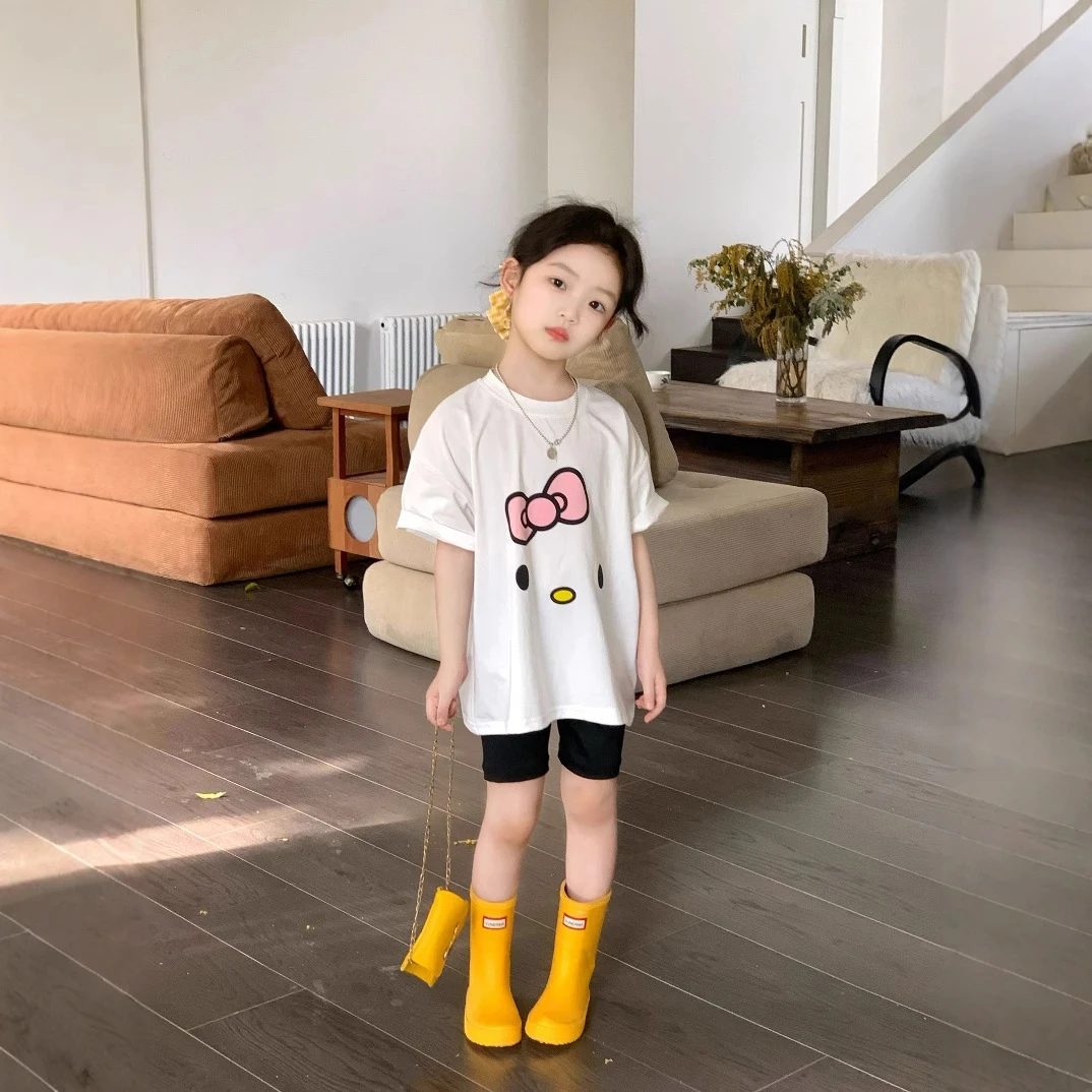 《小思家》女童2025夏季新款韩休闲百搭卡通猫短袖黑色骑行短裤套装