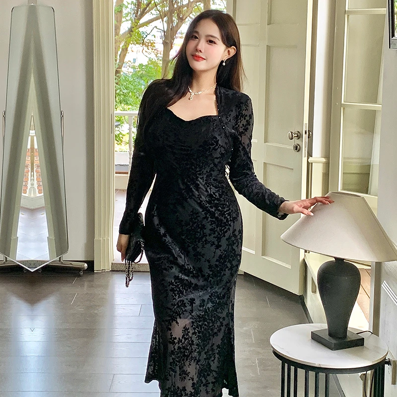 大码胖mm纯欲性感蕾丝镂空鱼尾连衣裙御姐高端轻奢巨显瘦礼服长裙