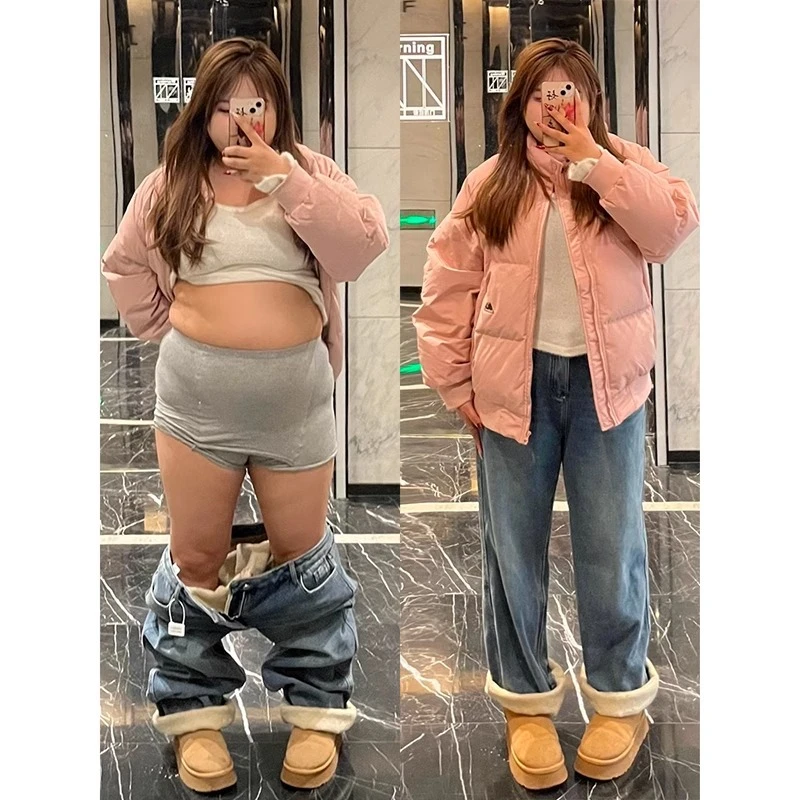 300斤胖mm大码牛仔裤通用高腰冬季加厚加绒做旧直筒显瘦阔腿裤女