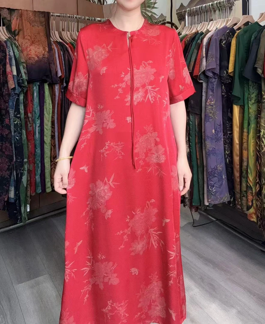 1129-15夏季气质国风气质压褶中长裙妈妈装